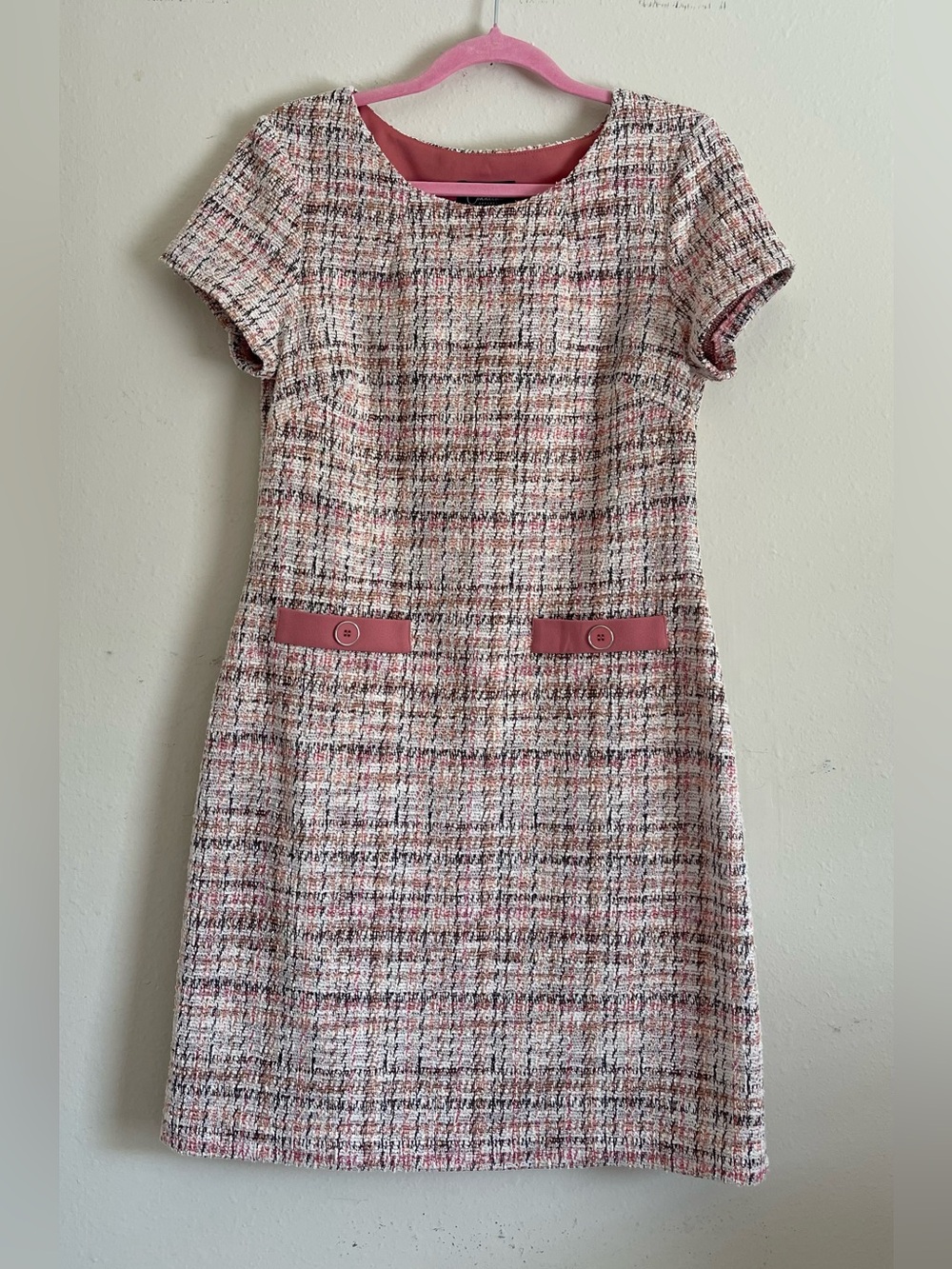 connected apparel Pink Tweed Short-Sleeve Shift Dress